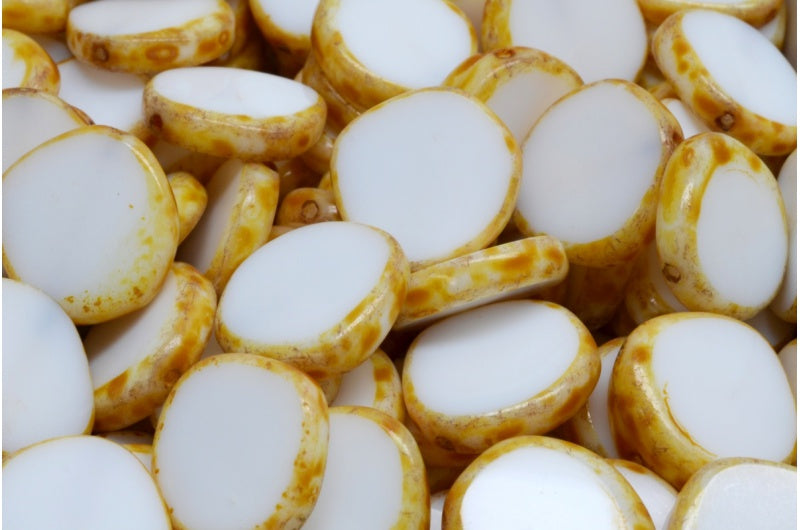 Table Cut 8 Edged Designed Beads, White Opal Travertin (2020 86800), Glass, Czech Republic