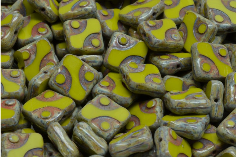 Table Cut Square Designed Beads, Opaque Green Travertin (53400 86800), Glass, Czech Republic