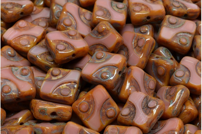 Table Cut Square Designed Beads, Opaque Pink Stain Strong (74020 86805), Glass, Czech Republic