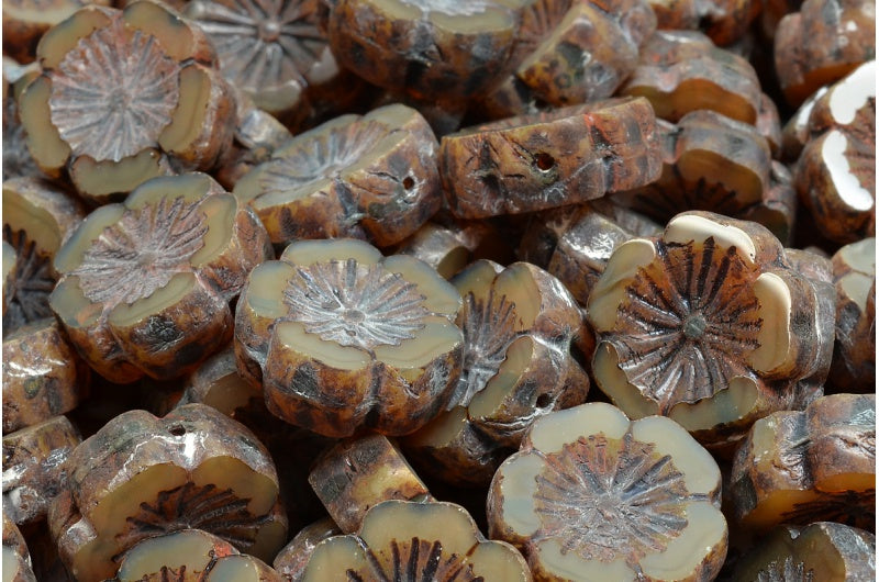 Table Cut Hawaii Flower Beads, Opal Orange Travertin (11000 86800), Glass, Czech Republic