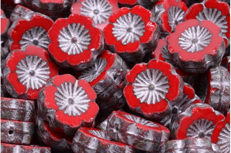 Table Cut Hawaii Flower Beads, Opaque Red Travertin 54301 (93200 86800 54301), Glass, Czech Republic