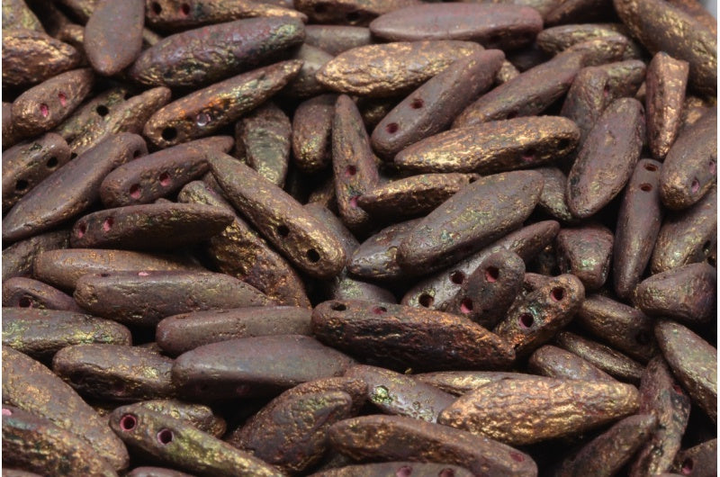 2穴ダガービーズ、ブラックエッチングブロンズ(23980-ETCH-14415)、ガラス、チェコ共和国