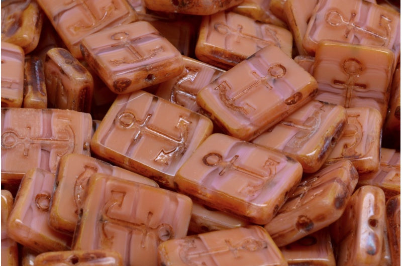 Table Cut Rectangle Beads with Anchor, Opaque Pink Travertin (76026 86800), Glass, Czech Republic
