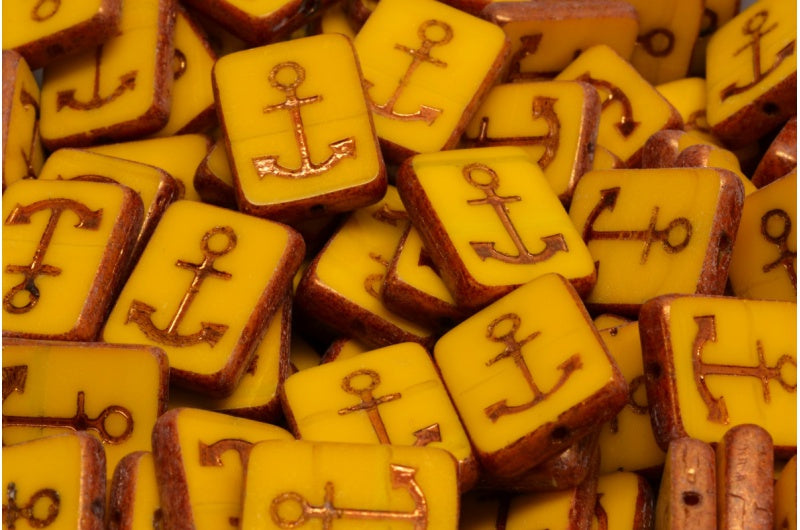Table Cut Rectangle Beads with Anchor, Opaque Yellow Bronze (93100 14415), Glass, Czech Republic