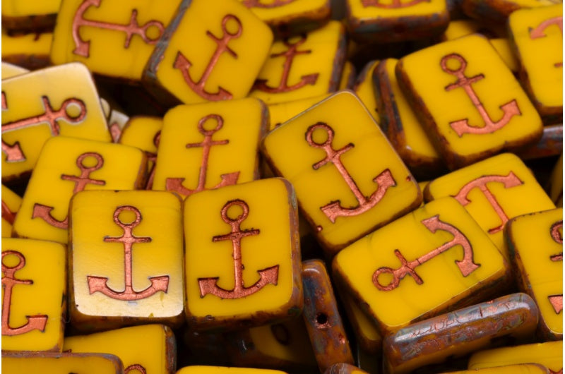 Table Cut Rectangle Beads with Anchor, Opaque Yellow Travertin Red (93100 86800 54319), Glass, Czech Republic