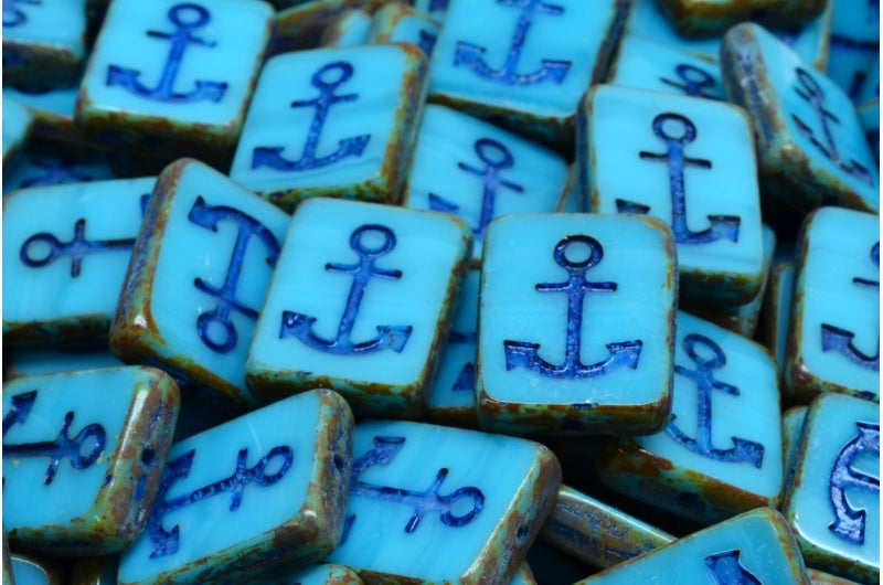 Table Cut Rectangle Beads with Anchor, Turquoise Blue Travertin 54309 (63030 86800 54309), Glass, Czech Republic