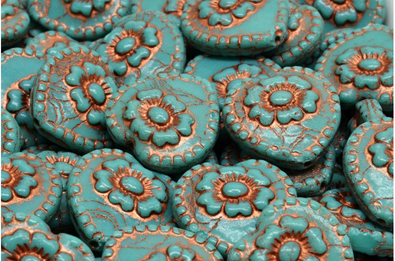 Heart Beads With Rose, Turquise Copper Lined (63140-54319), Glass, Czech Republic