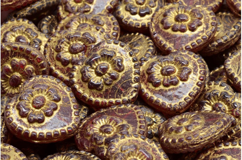 ローズ付きハートビーズ、ルビーレッドゴールドライン(90080-54302)、ガラス、チェコ共和国