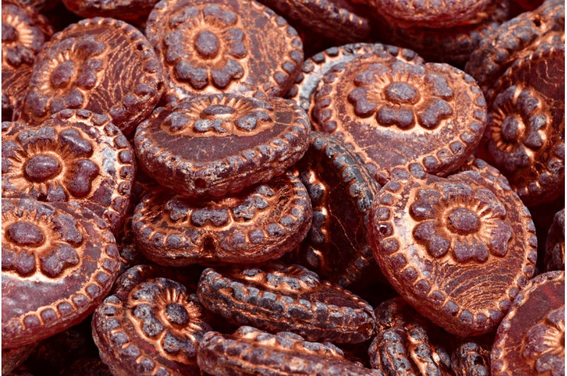 ローズ付きハートビーズ、ルビーレッド銅線入り(90080-54319)、ガラス、チェコ共和国