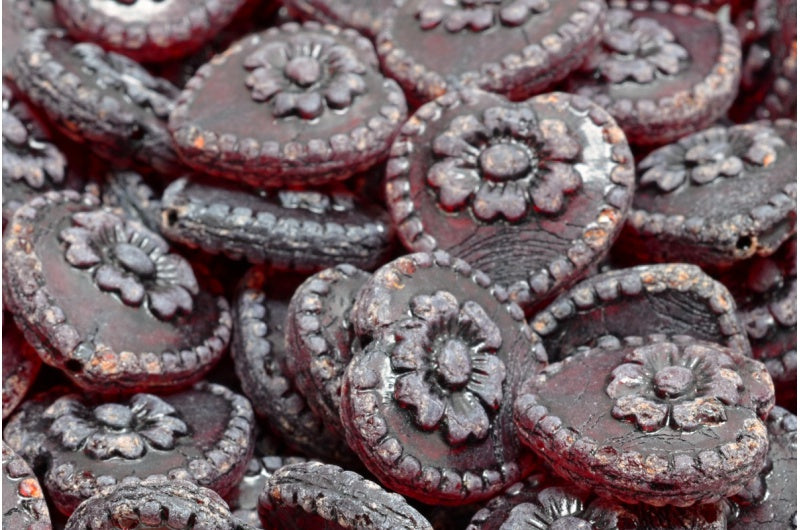 バラのハートビーズ、ルビーレッド、ブラックライン(90080-46441)、ガラス、チェコ共和国