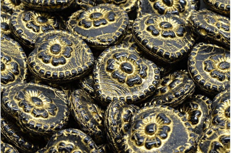 バラ付きハートビーズ、ブラックゴールドライン(23980-54302)、ガラス、チェコ共和国