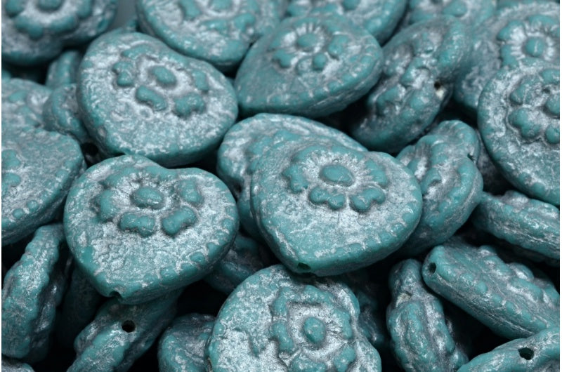 ローズ付きハートビーズ、ターコイズエッチングシルバーライン(63140-ETCH-54301)、ガラス、チェコ共和国