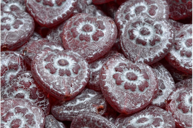 Heart Beads With Rose, Ruby Red Etched Silver Lined (90080-ETCH-54301), Glass, Czech Republic