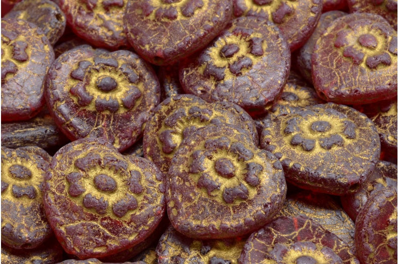 玫瑰心形珠子,红宝石红色蚀刻金内衬 (90080-ETCH-54302),玻璃,捷克共和国