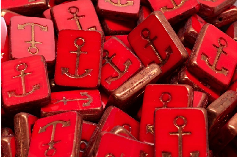 Table Cut Rectangle Beads with Anchor, Opaque Red Bronze (93200 14415), Glass, Czech Republic