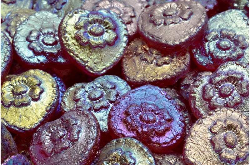 ローズ付きハートビーズ、ルビーレッドエッチングABフル(2Xサイド)(90080-ETCH-28703)、ガラス、チェコ共和国