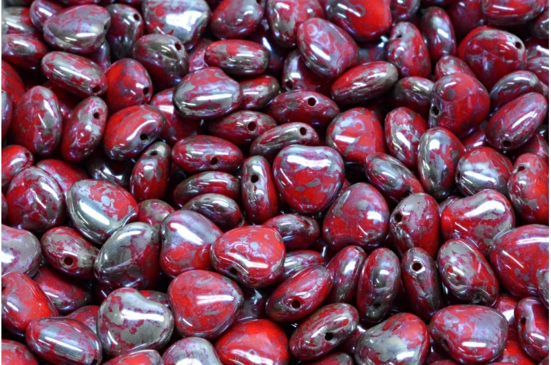 ハートビーズ、レッドピカソ(93180-43400)、ガラス、チェコ共和国