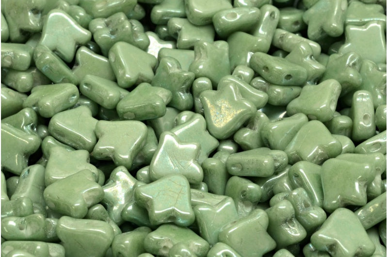 2穴フラットチューリップベルビーズ、ホワイトラスターグリーンフルコーティング(02010-14459)、ガラス、チェコ共和国