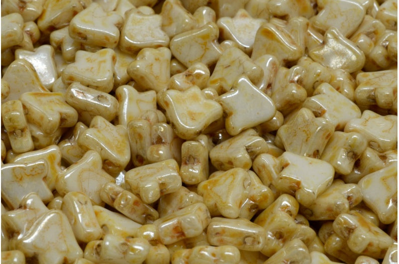 2穴フラットチューリップベルビーズ、ホワイトオパールステイン、ラスターアンバー(02020-65401)、ガラス、チェコ共和国