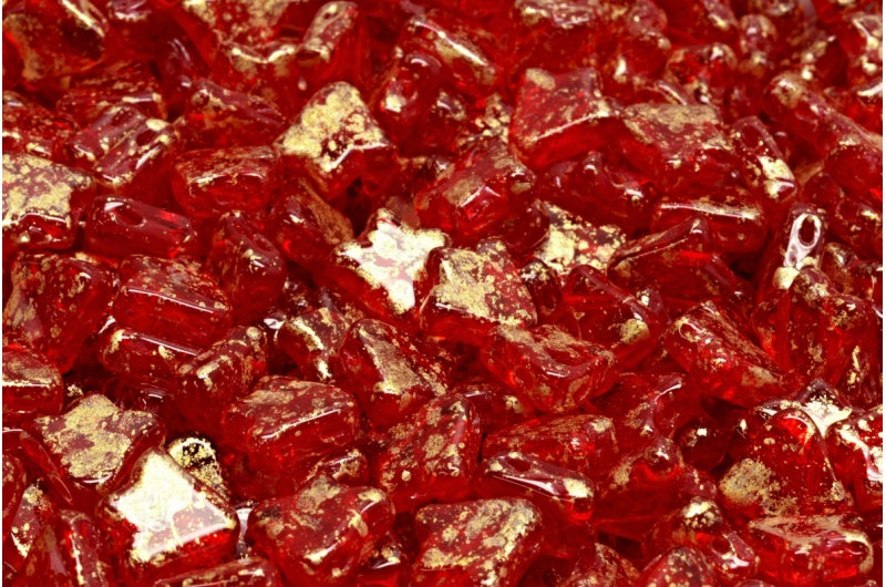 2穴フラットチューリップベルビーズ、ルビーレッドゴールドスプラッシュ(90080-94401)、ガラス、チェコ共和国