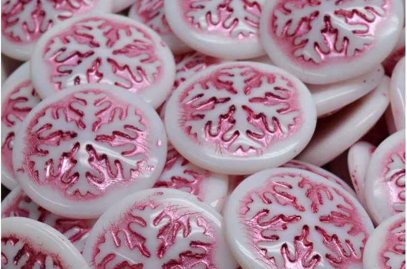 Snowflake Cabochon Beads, White Opal Pink Lined (02020-54321), Glass, Czech Republic
