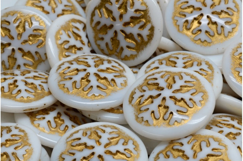 Snowflake Cabochon Beads, White Opal Gold Lined (02020-54302), Glass, Czech Republic