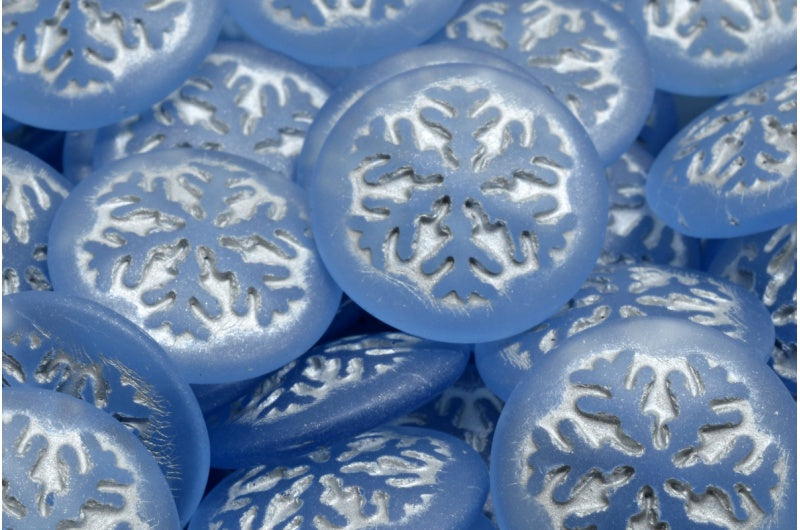 雪花凸圆形珠子,透明蓝色哑光银色内衬 (30010-84100-54301),玻璃,捷克共和国