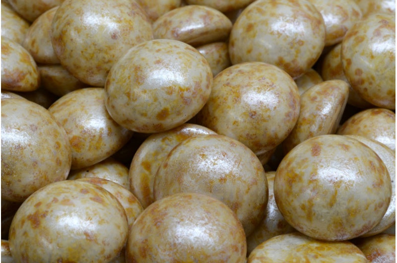 Cabochon Beads, White Cream Luster Spotted (02010-65321), Glass, Czech Republic