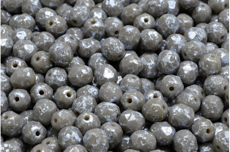 ファイアポリッシュファセットビーズラウンド、不透明グレーシルバースプラッシュ(43020-94400)、ボヘミアクリスタルガラス、チェコ共和国
