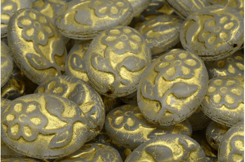 Oval With Flower Beads, Crystal Matte Gold Lined (00030-84100-54302), Glass, Czech Republic