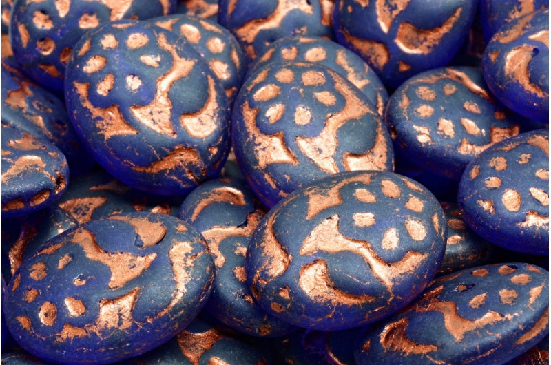 Oval With Flower Beads, Transparent Blue Matte Copper Lined (30080-84100-54319), Glass, Czech Republic