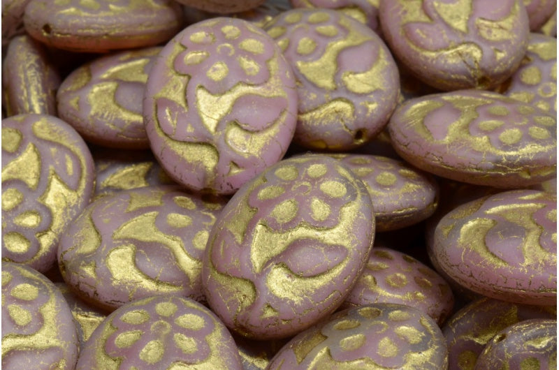 Oval With Flower Beads, Opaque Pink Matte Gold Lined (76020-84100-54302), Glass, Czech Republic