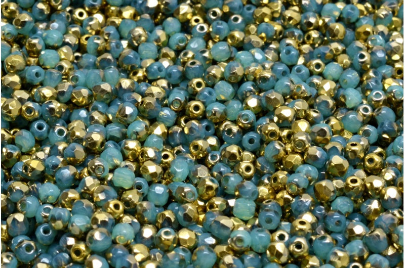 ファセット加工ラウンドビーズ、オパールアクアゴールド(61100-26441)、ボヘミアクリスタルガラス、チェコ共和国