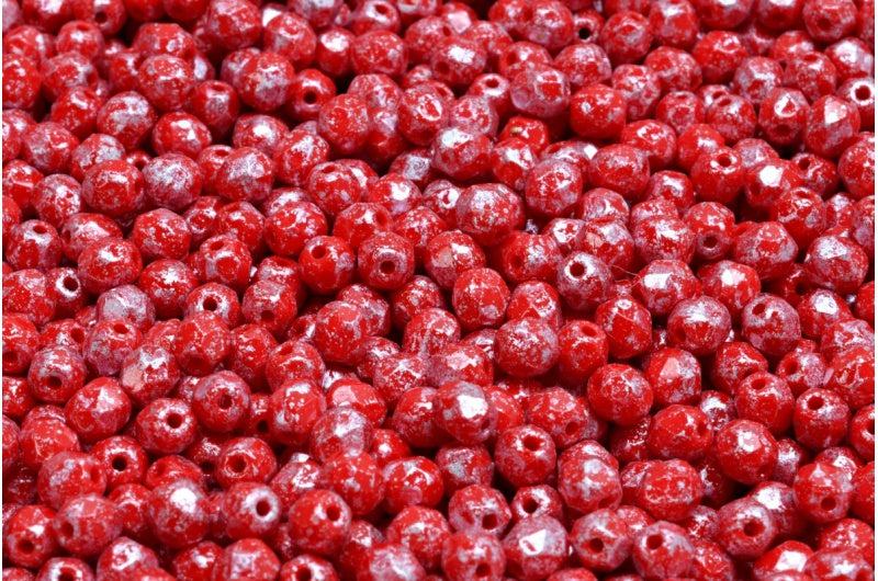 圆形火抛光刻面珠,不透明红银溅 (93200-94400),波西米亚水晶玻璃,捷克共和国