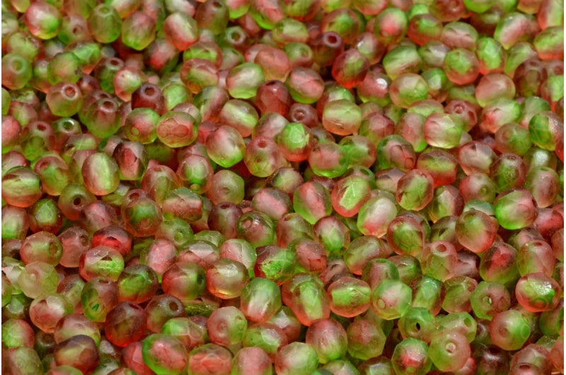 ファセット加工ビーズラウンド、クリスタルマットレッドグリーン(00030-84100-48017)、ボヘミアクリスタルガラス、チェコ共和国