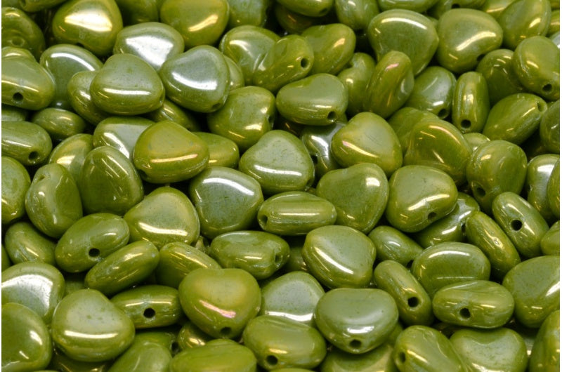 Heart Beads Green Brown Iris (53420-21415), Glass, Czech Republic