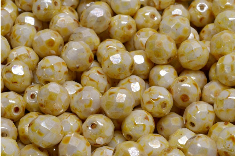 Fire Polished Faceted Beads Round, Chalk White Stain With Luster Amber (03000-65401), Bohemia Crystal Glass, Czech Republic