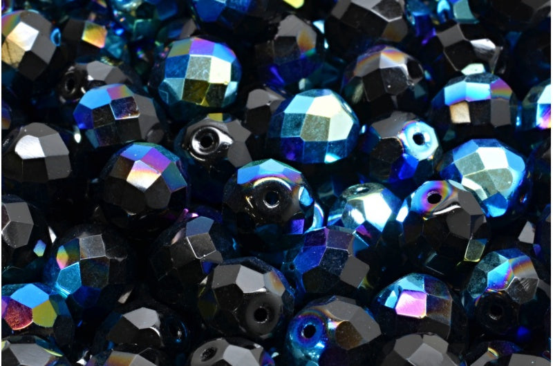 圆形火抛光刻面珠,黑色 Ab (23980-28701),波西米亚水晶玻璃,捷克共和国