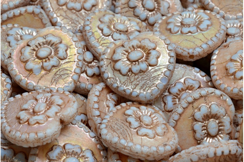 ローズ付きハートビーズ、ホワイトオパールマットABフル(2Xサイド)銅裏地(02020-84100-28703-54324)、ガラス、チェコ共和国