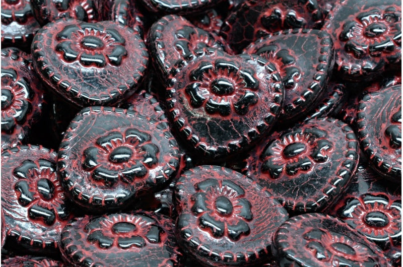 バラ付きハートビーズ、黒と赤のライン入り(23980-54310)、ガラス、チェコ共和国