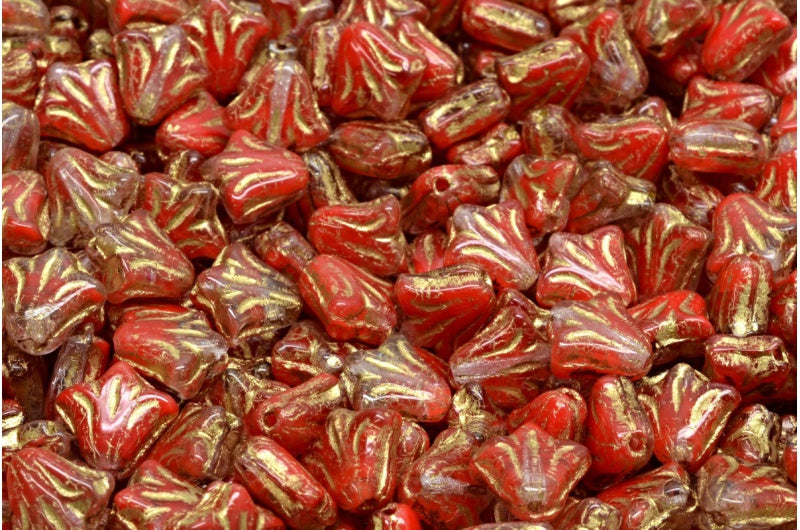 ユリの花のビーズ、レッドゴールドのライン(R0930-54302)、ガラス、チェコ共和国