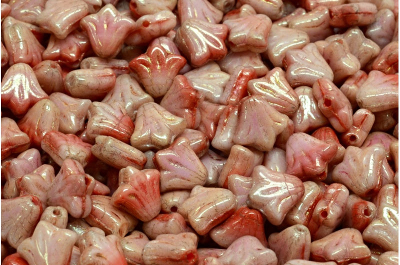 ユリの花ビーズ、R2930 ラスターレッド フルコーティング (R2930-14495)、ガラス、チェコ共和国