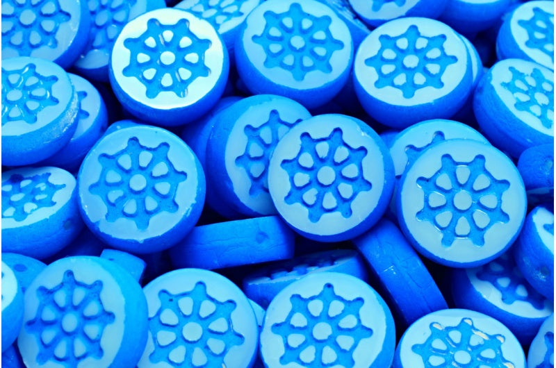 Table Cut Wheel Coin Beads, White Frosted Blue (2010 25127), Glass, Czech Republic
