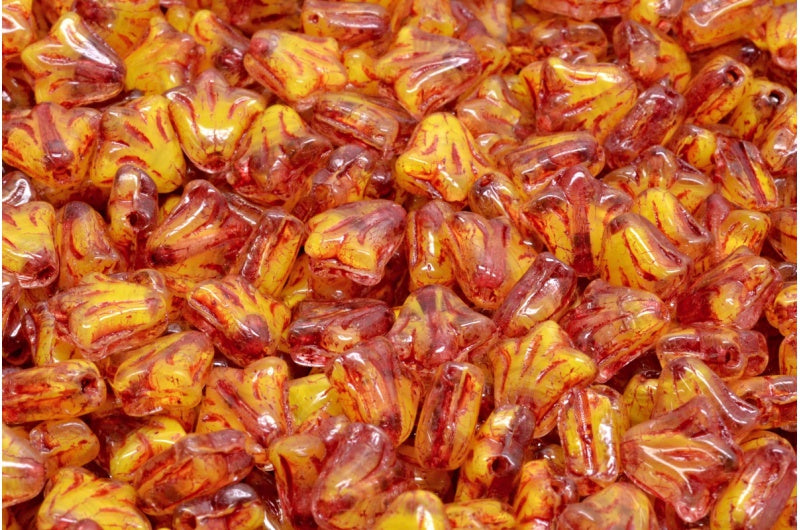 ユリの花のビーズ、黄赤のライン入り(R0812-54314)、ガラス、チェコ共和国