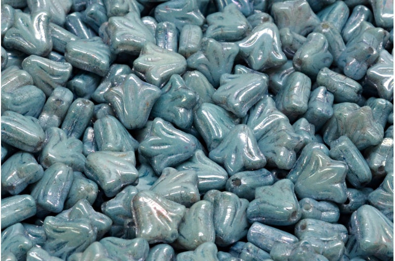 ユリの花ビーズ、ホワイトラスターブルーフルコーティング(02010-14464)、ガラス、チェコ共和国