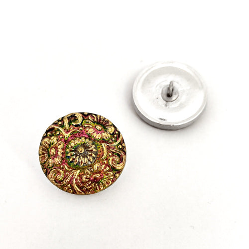 1 pcs Hand Painted Glass Buttons with ornament, size 10 (22.5 mm), Czech Republic