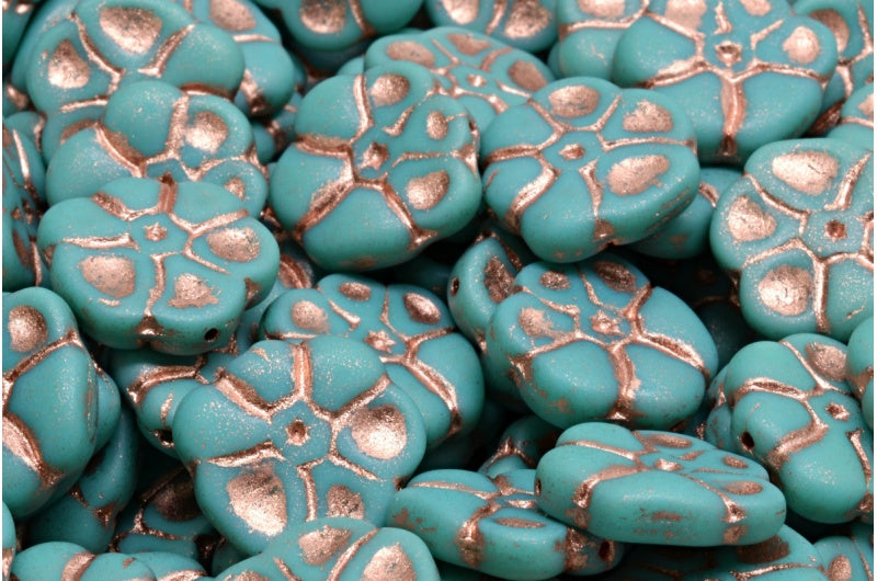 Primrose flower beads, Turquoise Matte Copper Lined (63130-84100-54318), Glass, Czech Republic