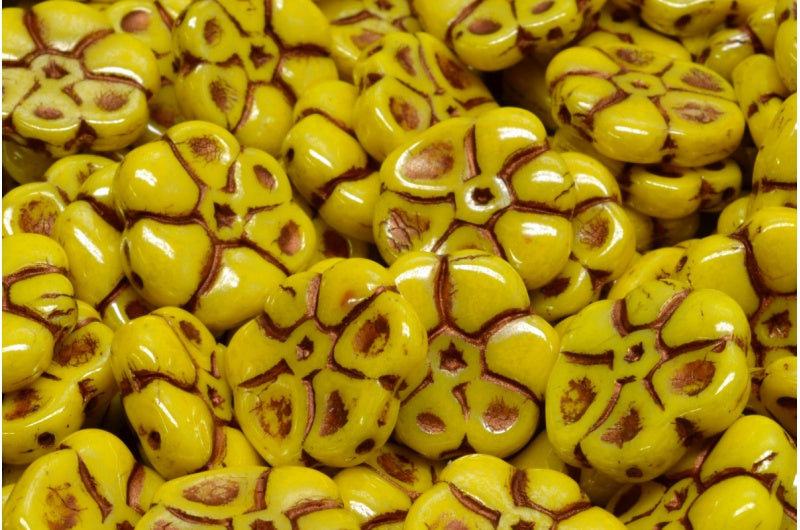 Primrose flower beads, Yellow Hematite Bronze Lined (83120-14400-54317), Glass, Czech Republic