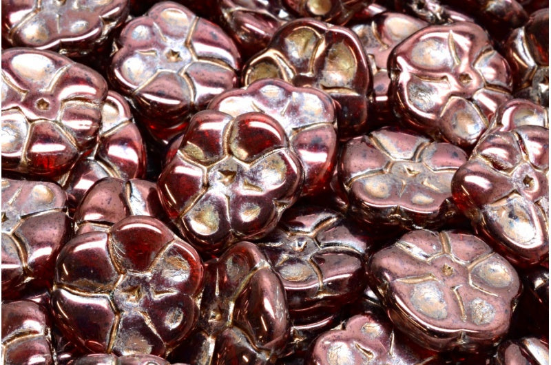 Primrose flower beads, Transparent Red Purple Copper Lined (90050-15726-54324), Glass, Czech Republic
