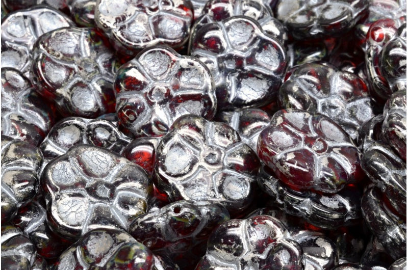 Primrose flower beads, Transparent Red Picasso Silver Lined (90050-43400-54301), Glass, Czech Republic